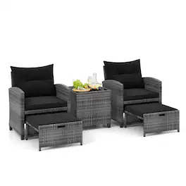 Gymax - 5 PCS Rattan Furniture w/ 2 Ottomans & Tempered Glass Coffee Table Patio - Black