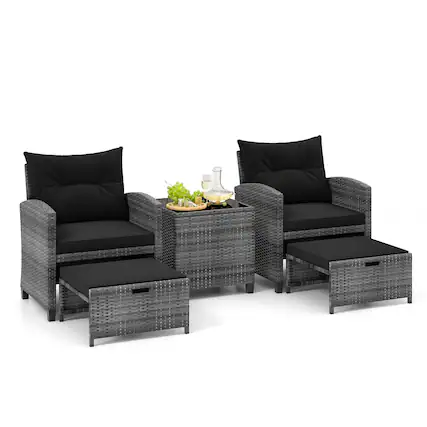 Front. Gymax - Gymax 5 PCS Rattan Furniture w/ 2 Ottomans & Tempered Glass Coffee Table Patio Black - Black.