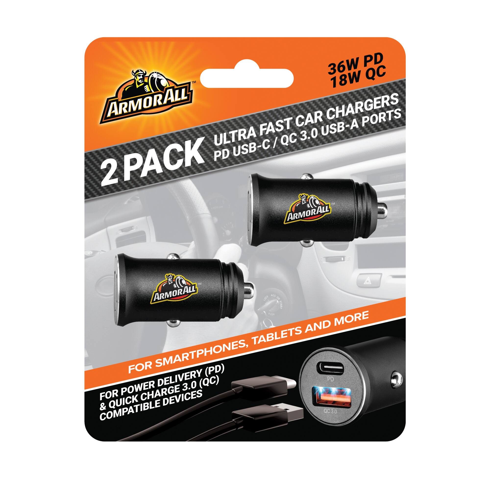 36W PD 18W QC ARMORALL CHARGERS 2 PACK ULTRA FAST CAR USB-A PORTS PD USB-C / QC 3.0 USB-A FOR SMARTPHONES, TABLETS AND MORE FOR POWER DELIVERY (PD) & QUICK CHARGE 3.0 (QC) COMPATIBLE DEVICES