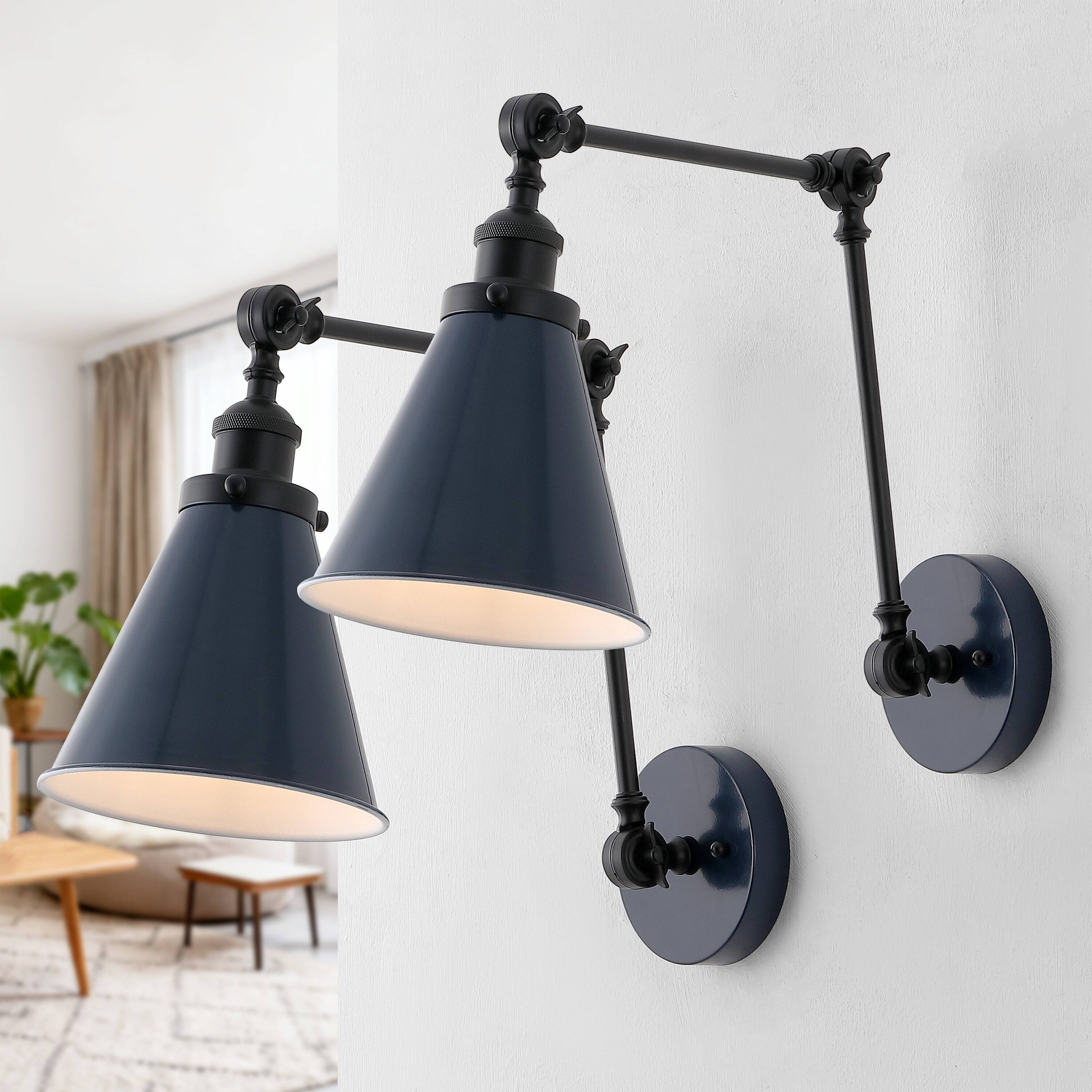 Alt View 1. Jonathan Y - Rover 7" Classic Industrial Metal Adjustable Arm LED Wall Sconce, Navy/Black (Set of 2) - Navy/Black.