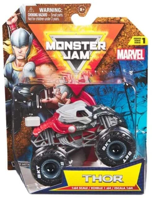 Monster Jam - Thor 1:64 Scale Diecast Monster Truck 2024 Marvel Series 1 Collectible with Display Flag - Red & Grey