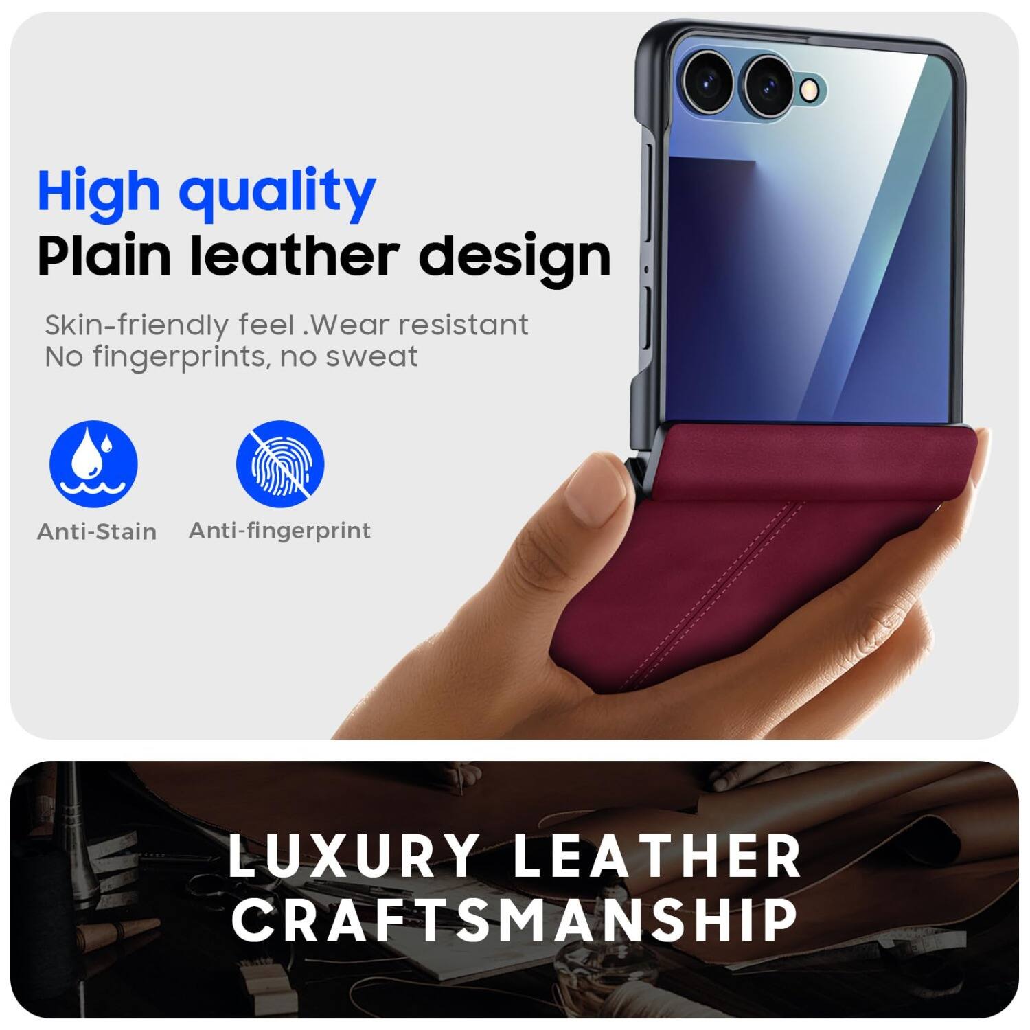 High quality Plain leather design  
Skin-friendly feel. Wear resistant  
No fingerprints, no sweat  
Anti-Stain  
Anti-fingerprint  
LUXURY LEATHER CRAFTSMANSHIP