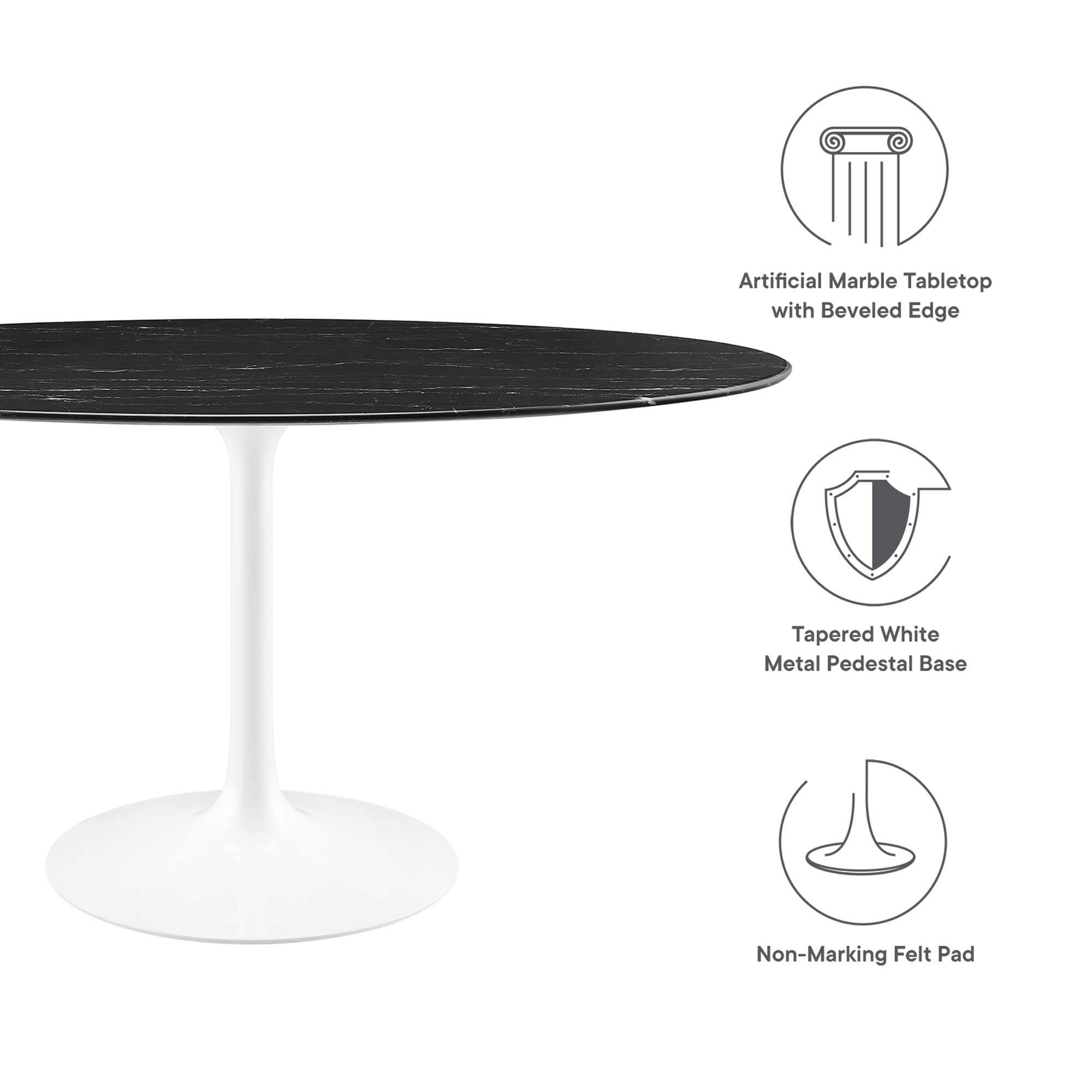 Artificial Marble Tabletop with Beveled Edge  
Tapered White Metal Pedestal Base  
Non-Marking Felt Pad