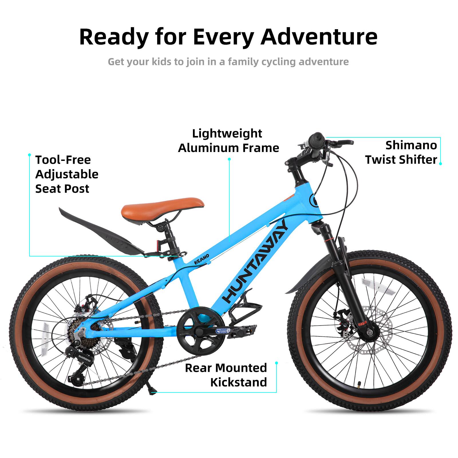Ready for Every Adventure  
Get your kids to join in a family cycling adventure  

- Tool-Free Adjustable Seat Post  
- Lightweight Aluminum Frame  
- Shimano Twist Shifter  
- Rear Mounted Kickstand