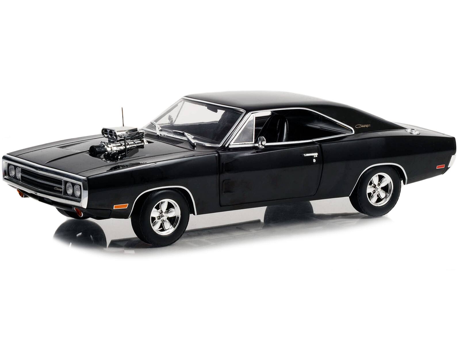 Angle. Greenlight - 1970 Dodge Charger with Blown Engine Black "Artisan Collection" Series 1/18 Diecast Model Car by Greenlight - Black.
