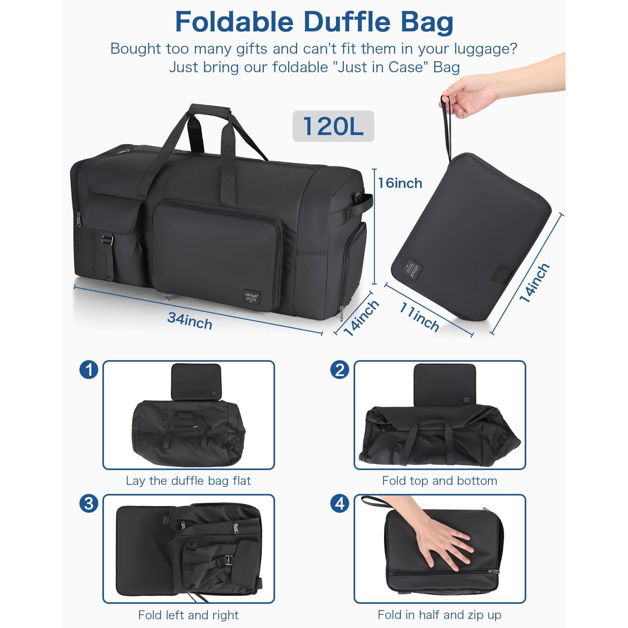 Foldable Duffle Bag

Bought too many gifts and can't fit them in your luggage? Just bring our foldable "Just in Case" Bag

120L

16inch x 14inch x 11inch

1. Lay the duffle bag flat
2. Fold top and bottom
3. Fold left and right
4. Fold in half and zip up
