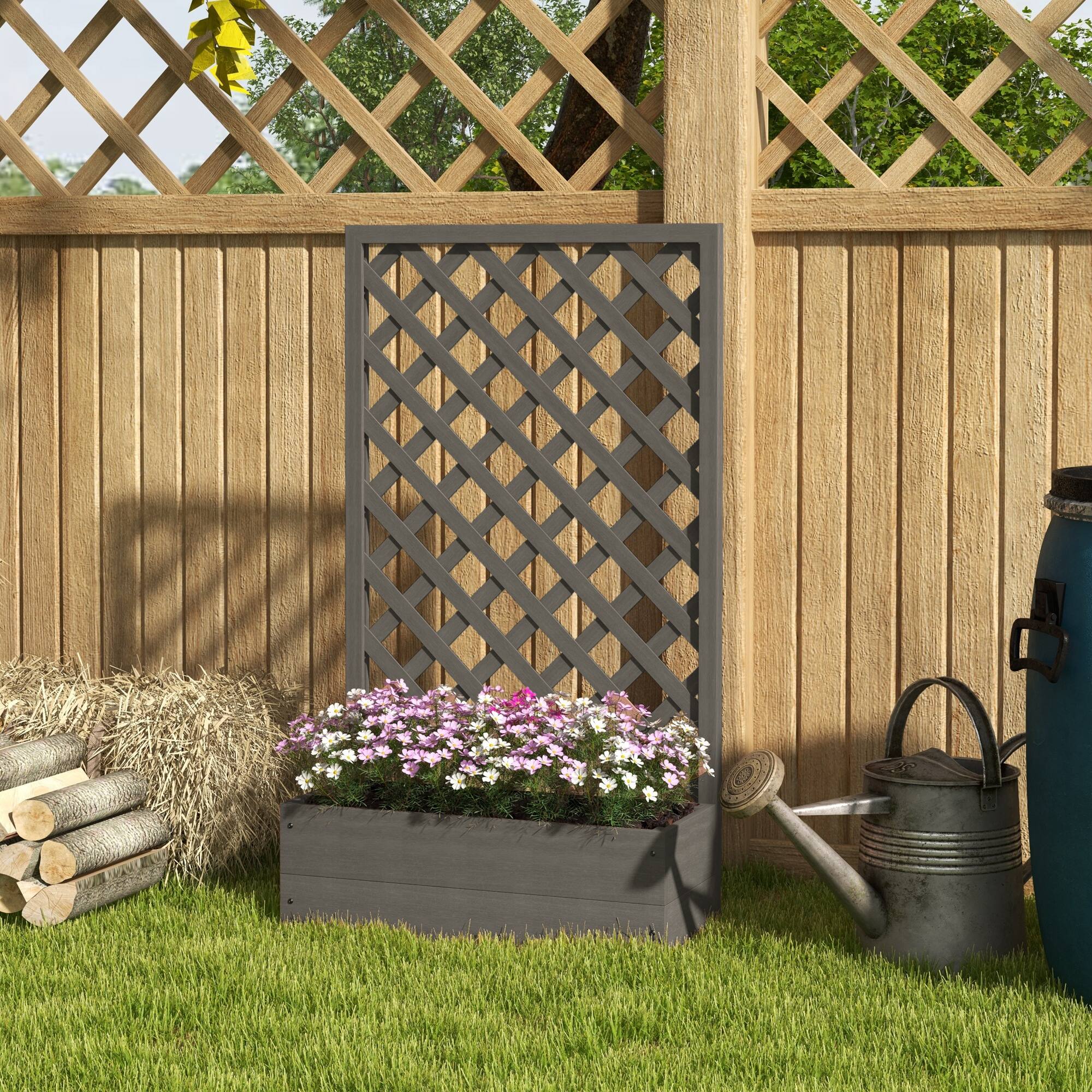 Alt View 1. Outsunny - Planter Box for Climbing Plants, Raised Garden Bed w/ Trellis Lattice for Outdoor Garden, Deck - Dark Gray.