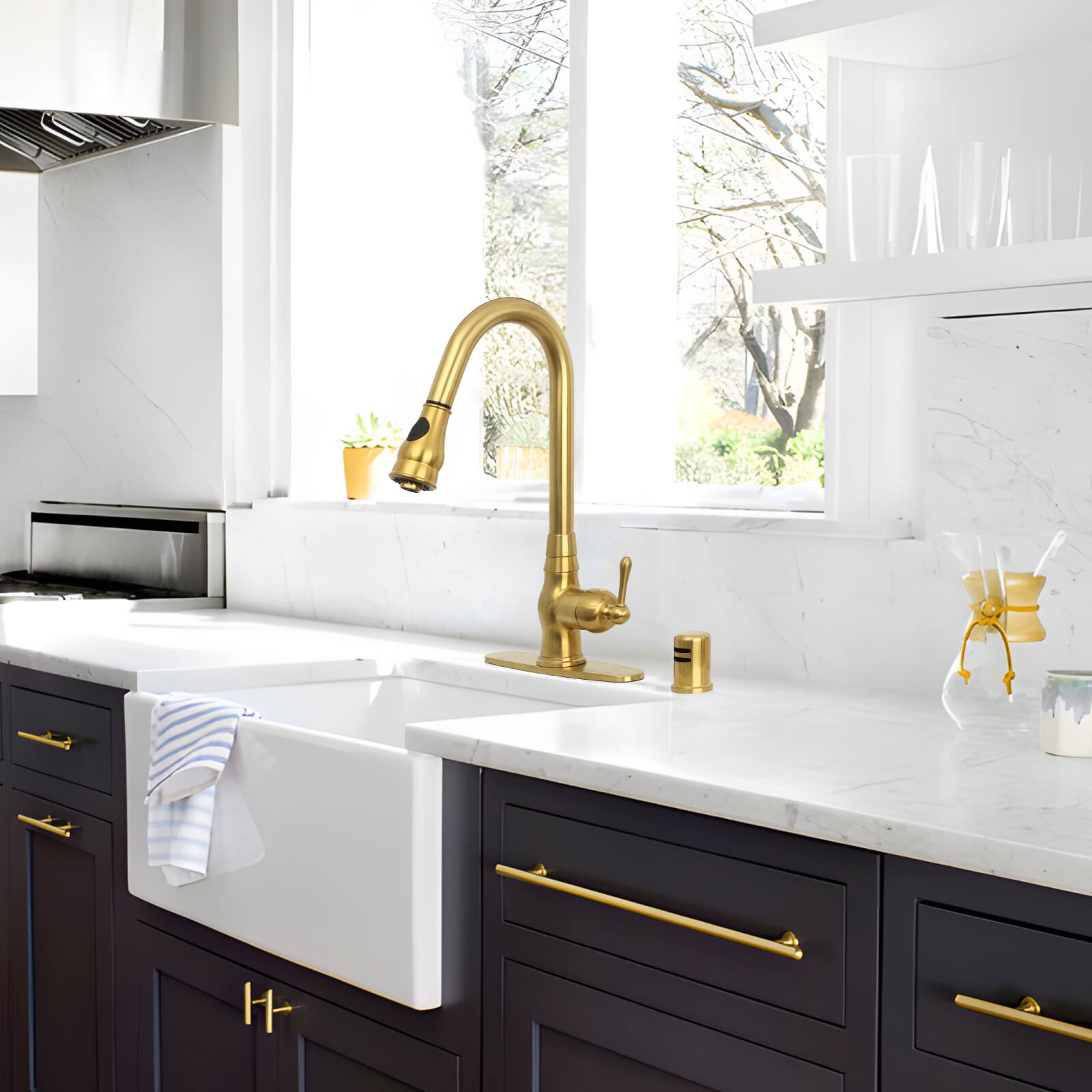 Alt View 7. Akicon - Akicon Solid Brass One-Handle Kitchen Faucet with Pull Down Sprayer in Brushed Gold - Brushed Gold.