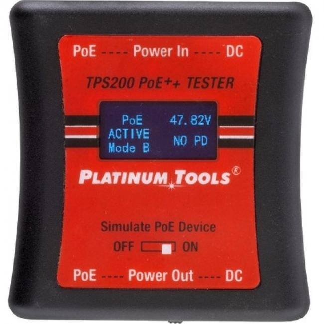 PoE Power In DC  
TPS200 PoE++ TESTER  
PoE ACTIVE Mode B  
47.82V  
NO PD  
PLATINUM TOOLS  
Simulate PoE Device OFF ON  
PoE Power Out DC