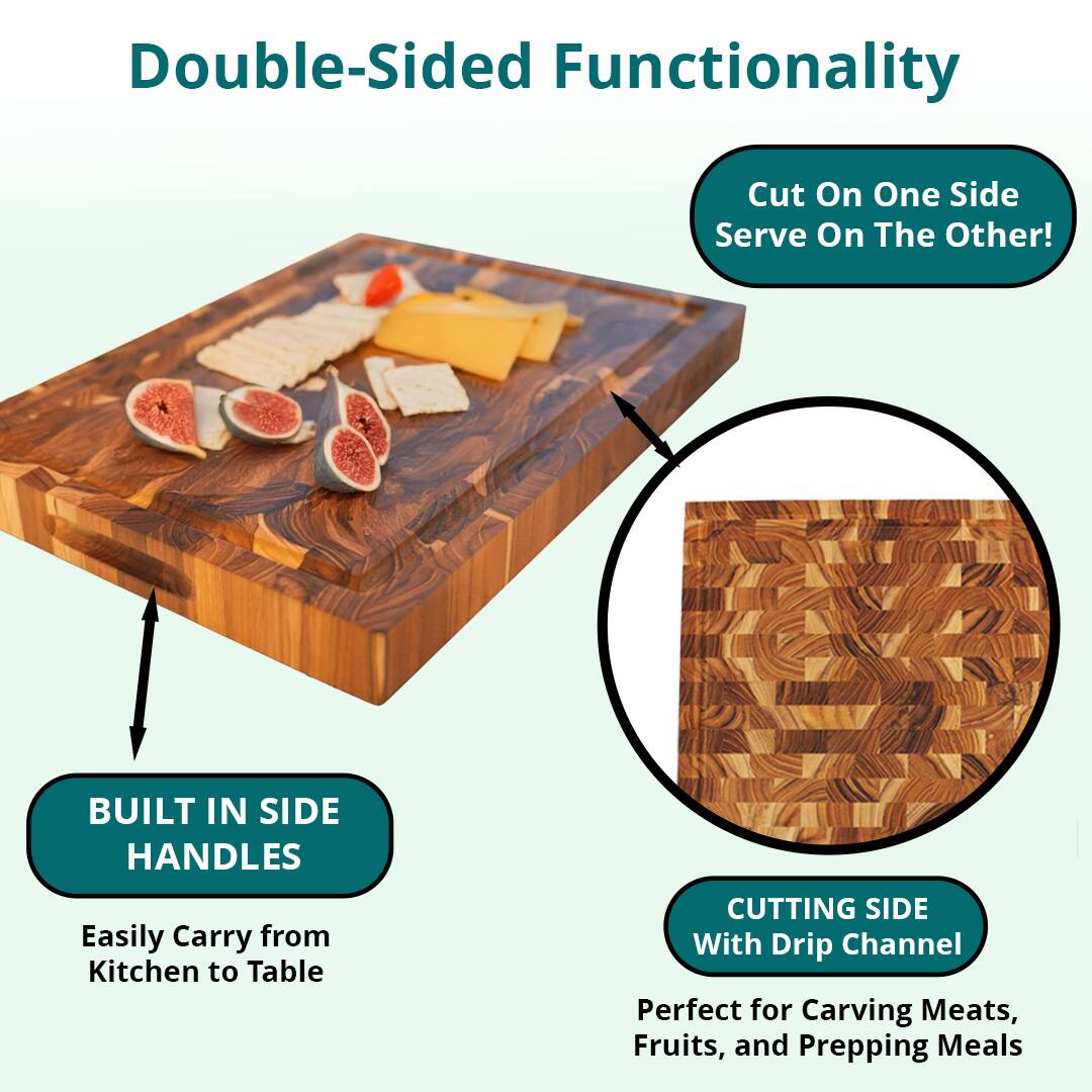 Double-Sided Functionality

- Cut On One Side Serve On The Other!
- BUILT IN SIDE HANDLES
  Easily Carry from Kitchen to Table
- CUTTING SIDE With Drip Channel
  Perfect for Carving Meats, Fruits, and Prepping Meals