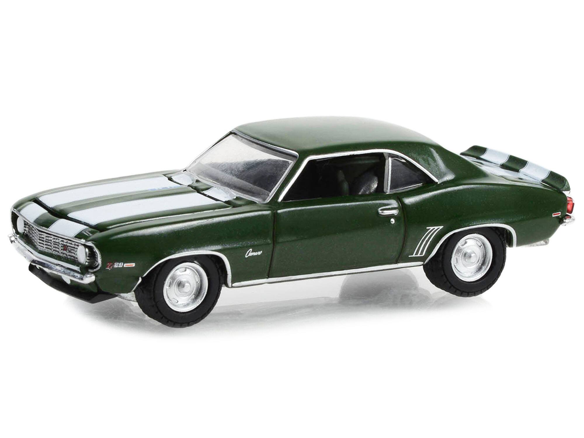 Left. Greenlight - 1969 Chevrolet Camaro Z/28 Green Metallic White Stripes USPS 2022 Pony Car Stamp Tom Fritz Hobby Exclusive 1/64 - Green Metallic With White.