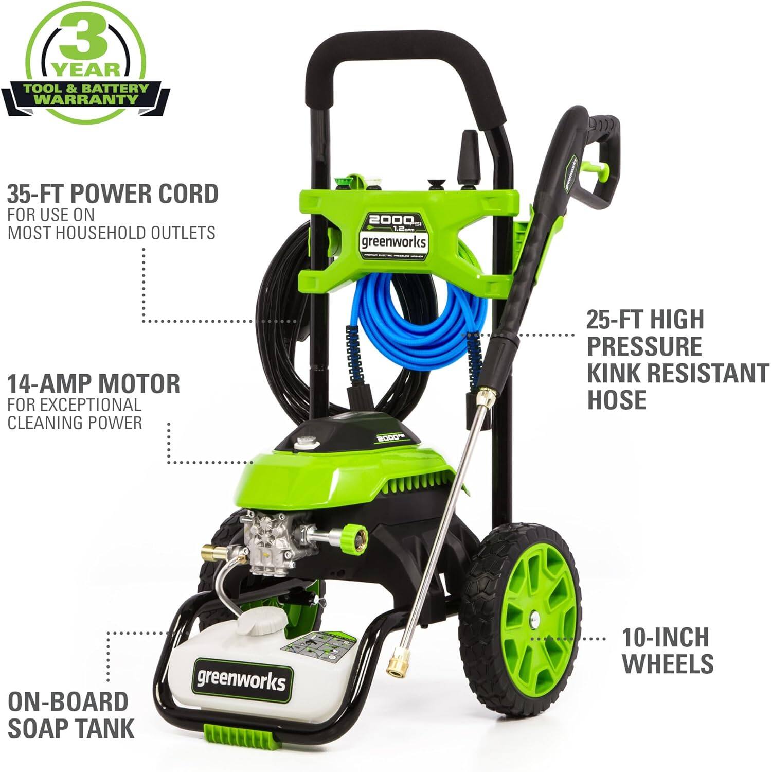 3 YEAR TOOL & BATTERY WARRANTY  
35-FT POWER CORD FOR USE ON MOST HOUSEHOLD OUTLETS  
14-AMP MOTOR FOR EXCEPTIONAL CLEANING POWER  
25-FT HIGH PRESSURE KINK RESISTANT HOSE  
ON-BOARD SOAP TANK  
10-INCH WHEELS