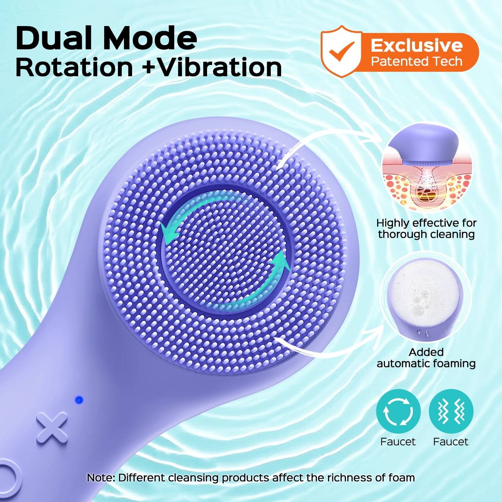 Dual Mode Rotation + Vibration  
Exclusive Patented Tech  
Highly effective for thorough cleaning  
Added automatic foaming  
X Faucet Faucet  
Note: Different cleansing products affect the richness of foam