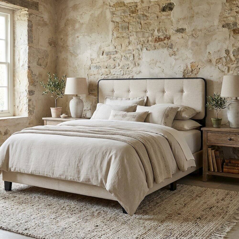 Angle. FurniFact - Tufted Fabric Queen Headboard with Wood Frame and Classic Design - Black.