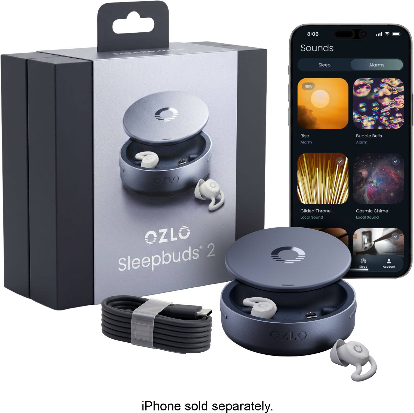 8:06 Sounds Sleep Alarms NEW Rise Alarm Bubble Bells Alarm Glided Throne Local Sound Cosmic Chime Local Sound song Accare OZLO iPhone sold separately.