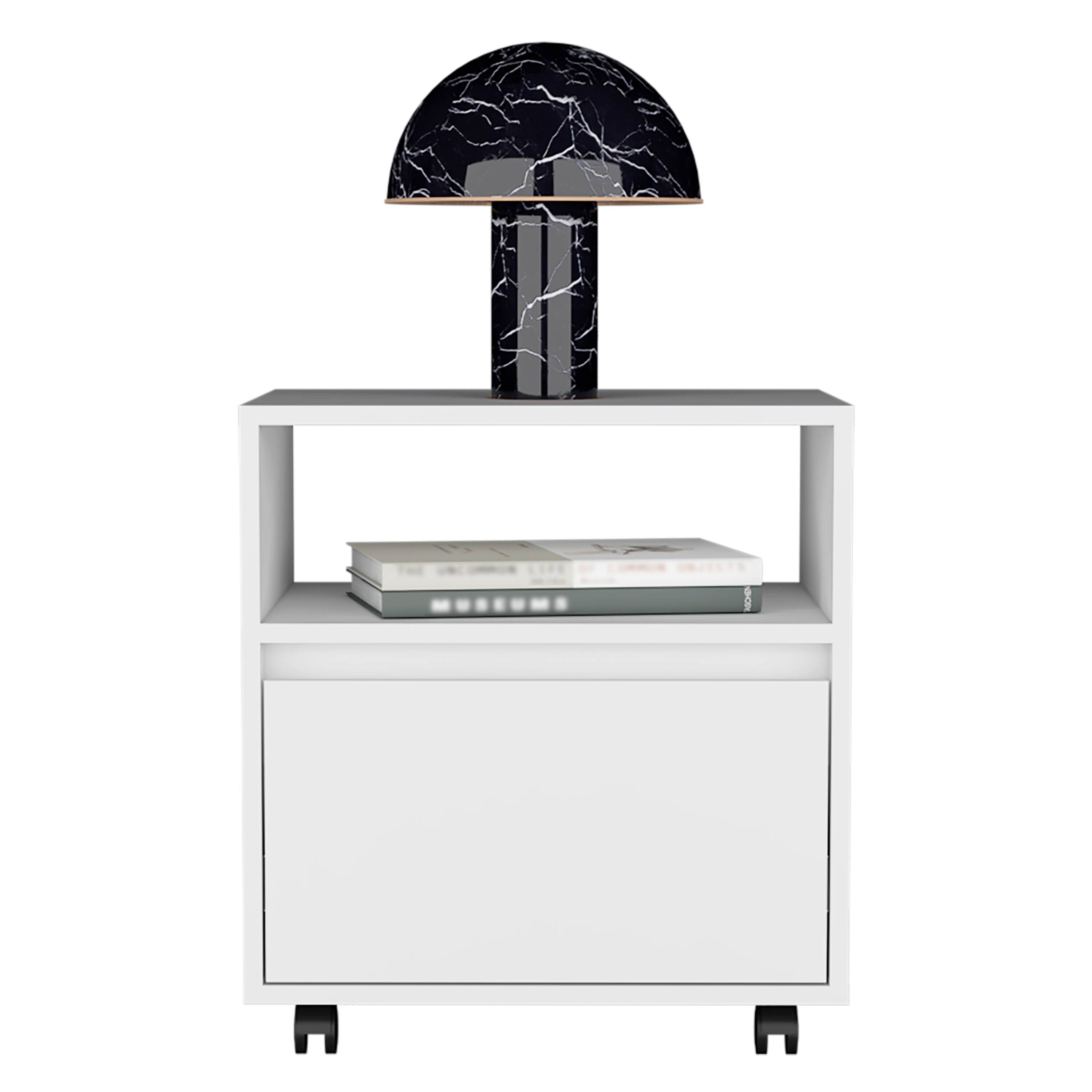 Alt View 2. Tiramisubest - Compact Nightstand with Drawer, Open Shelf, and Casters, White - White.
