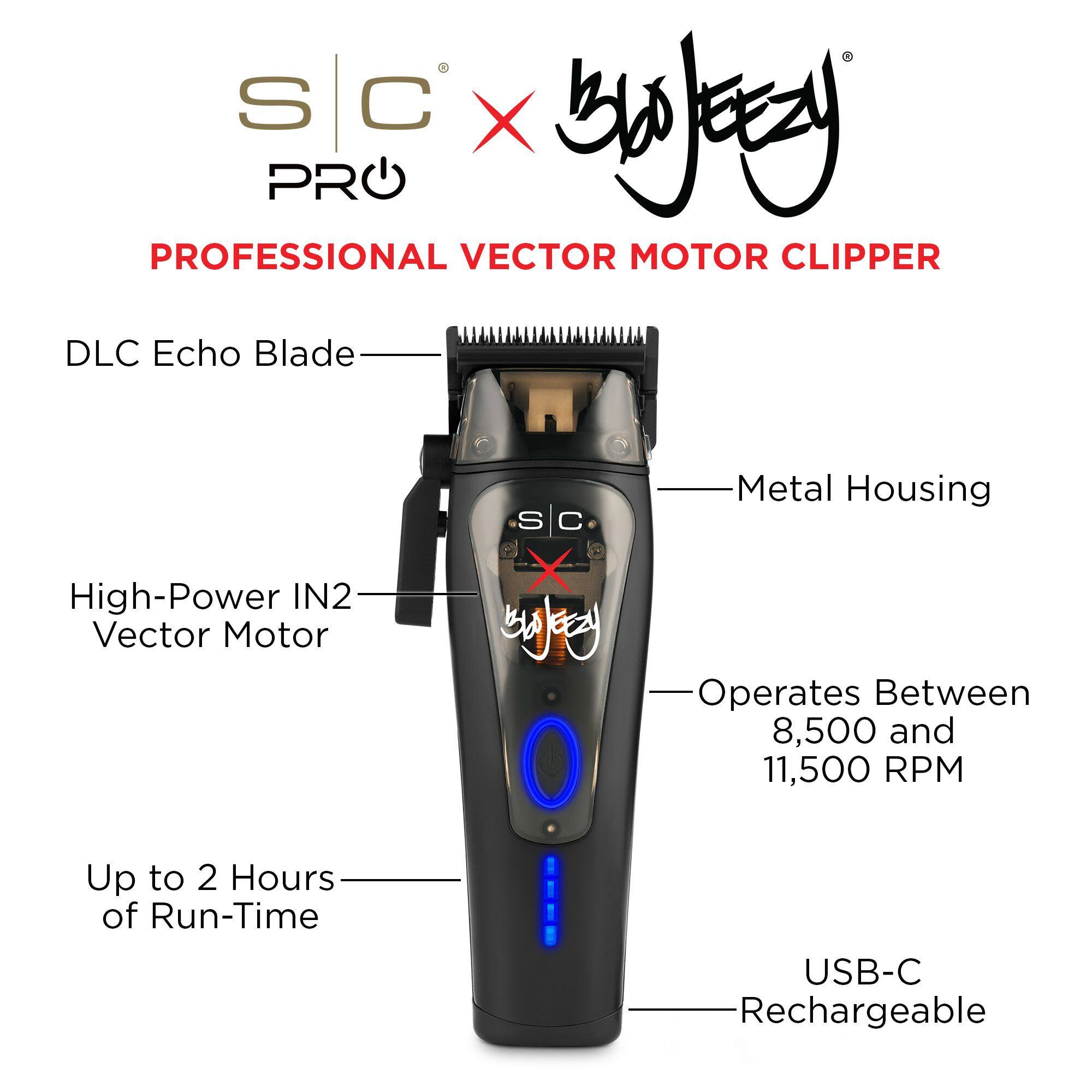 S C X PRO PROFESSIONAL VECTOR MOTOR CLIPPER DLC Echo Blade Metal Housing High-Power IN2 Vector Motor Operates Between 8,500 and 11,500 RPM Up to 2 Hours of Run-Time USB-C Rechargeable