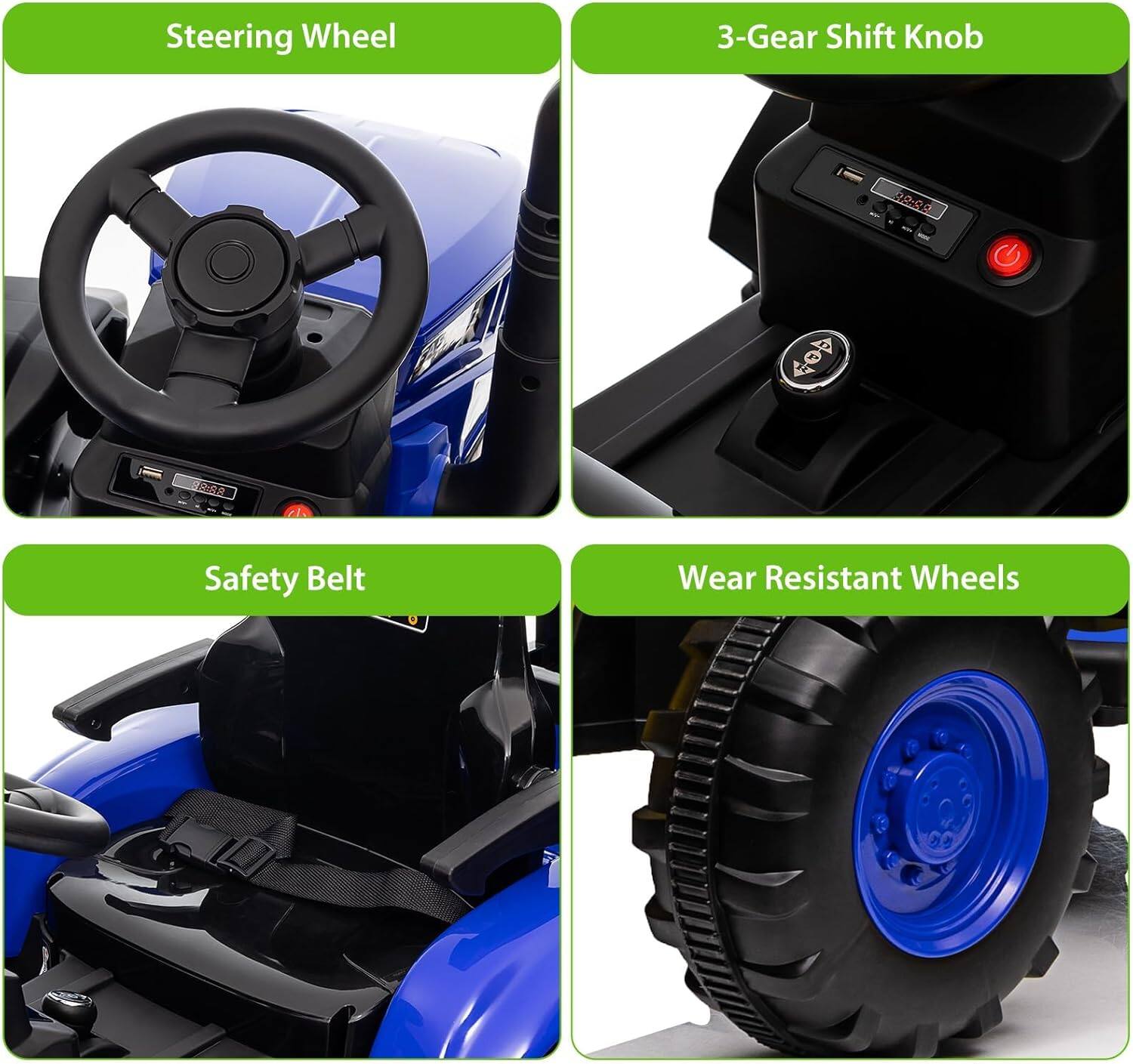 - Steering Wheel
- 3-Gear Shift Knob
- Safety Belt
- Wear Resistant Wheels