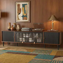 luck idea - 78.7" Vintage Wood TV Stand, Mid Century Media Console with Fluted Sliding Doors & Arched Glass Cabinet, for Living Room - Black