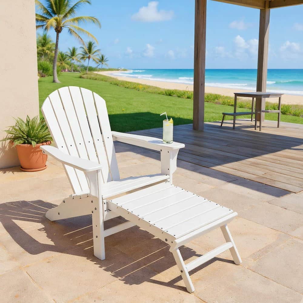 Kadyn - Folding Adirondack Chair, Patio HDPE Adirondack Chair with Retractable Ottoman,Patio Chairs, Lawn Chairs - White