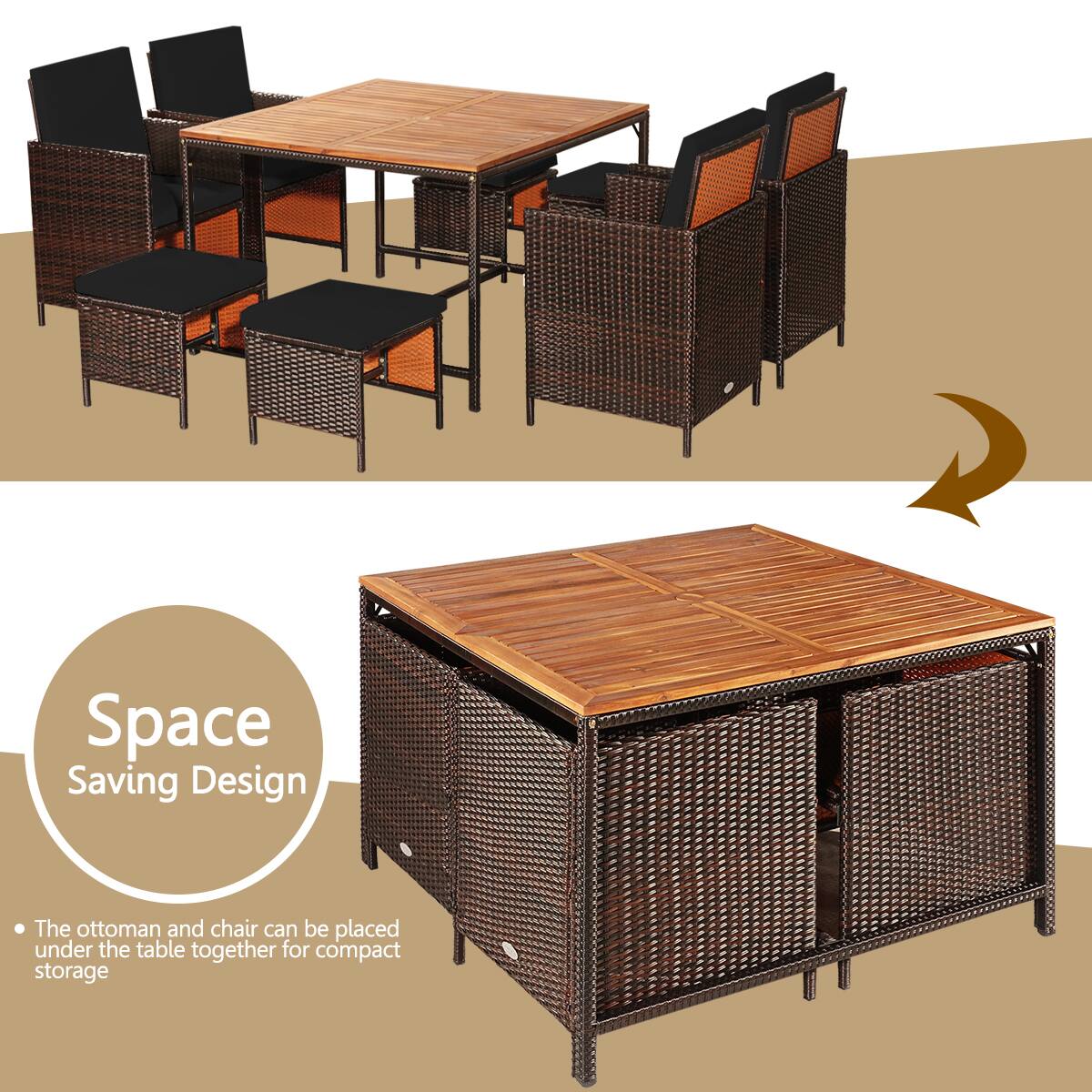 Space Saving Design: The ottoman and chair can be placed under the table together for compact storage.