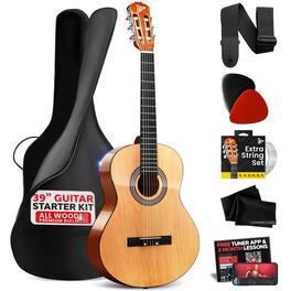Pyle - Beginner Acoustic Guitar Kit, 4/4 Full Size All Wood Instrument with Full Accessories, 39” - Natural Gloss