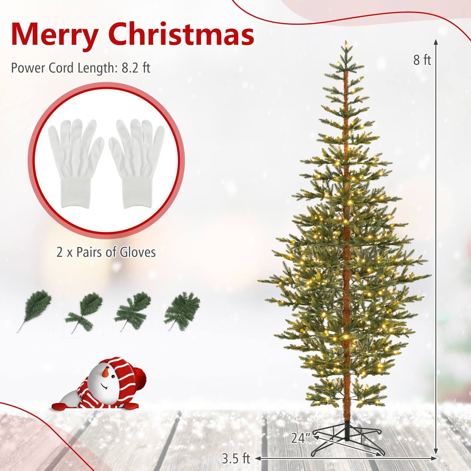 Merry Christmas  
Power Cord Length: 8.2 ft  
2 x Pairs of Gloves  
8 ft  
3.5 ft  
24"