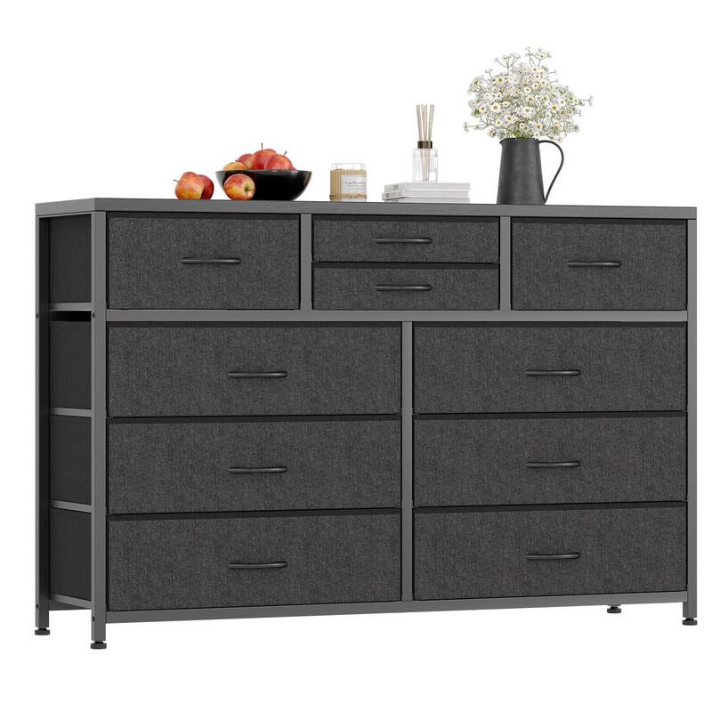 Jojoka - Fabric Dresser with 10 Drawers, TV Stand Entertainment Center Storage with Steel Frame, Wood Top - Black