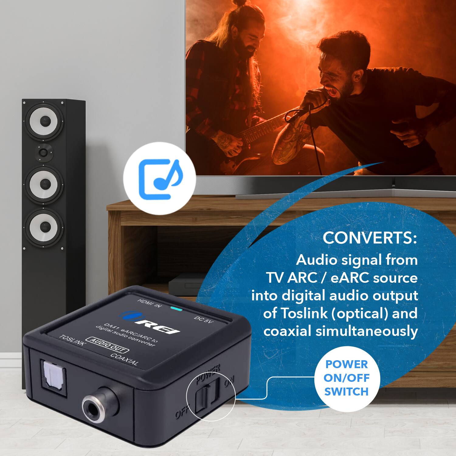 HIDAF IN CRE DCSV SV DA41 digilatsedio BARGIARC TOSLINK INK LAOUT AUOA converter 7 OUT COAXIAL POTNER OFF CONVERTS: Audio signal from TV ARC /eARC source into digital audio output of Toslink (optical) and coaxial simultaneously POWER ON/OFF SWITCH