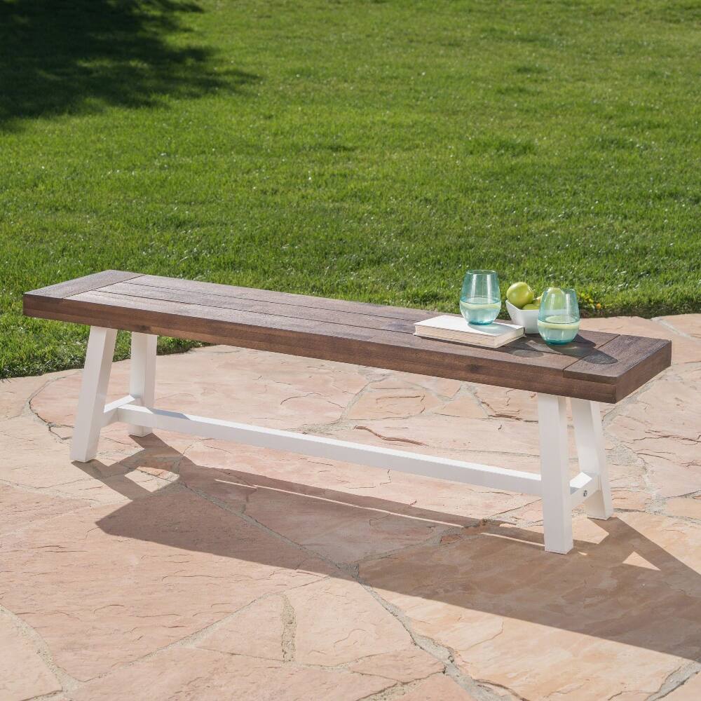 Front. Ropilly - Ropilly Acacia Wood Outdoor Dining Bench Rustic Metal Frame Industrial Slat Top Patio Seating Dark Brown - Dark Brown.