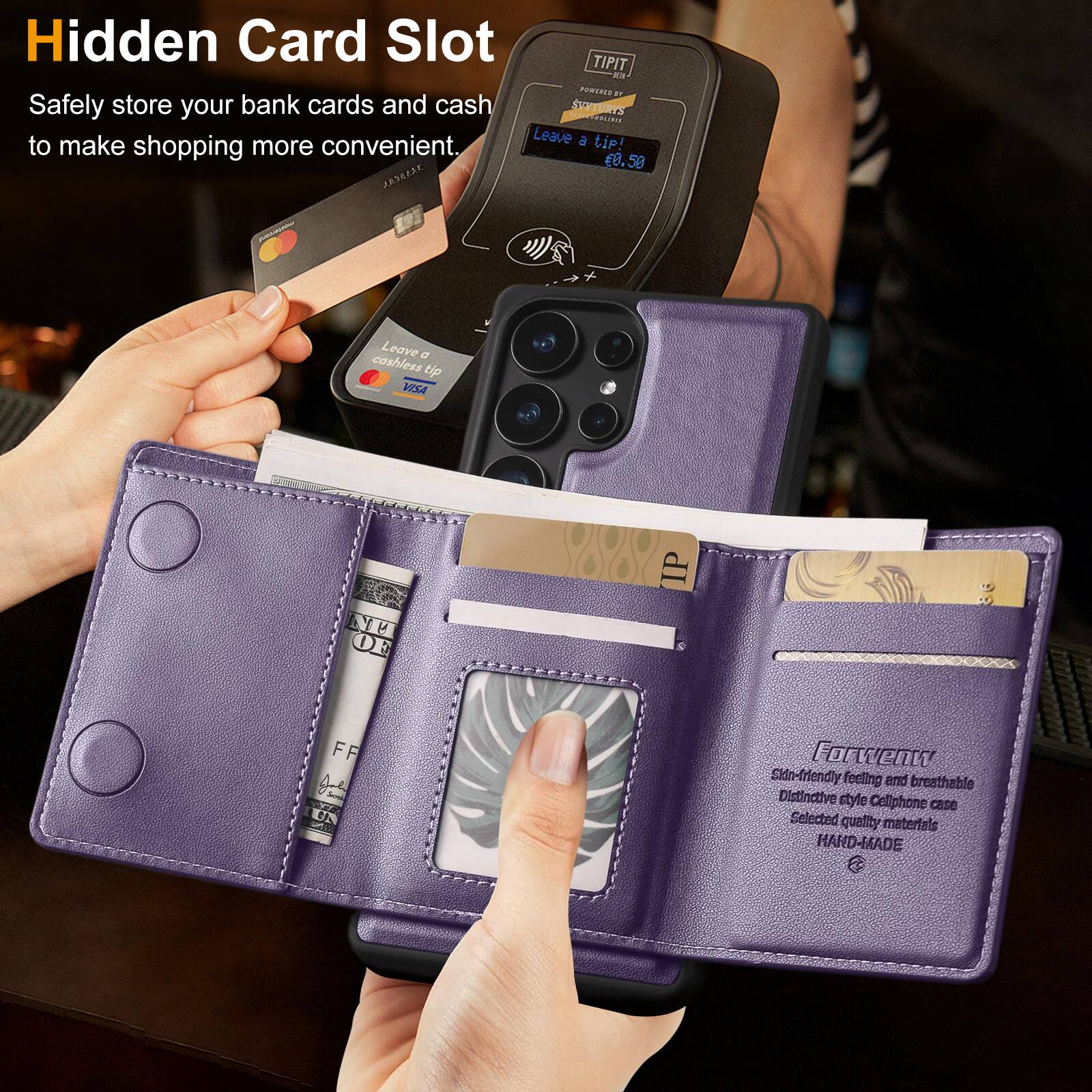 Hidden Card Slot  
Safely store your bank cards and cash to make shopping more convenient.

Leave a cashless tip!  
£8.50

Skin-friendly feeling and breathable  
Distinctive style Collphone case  
Selected quality materials  
HAND-MADE