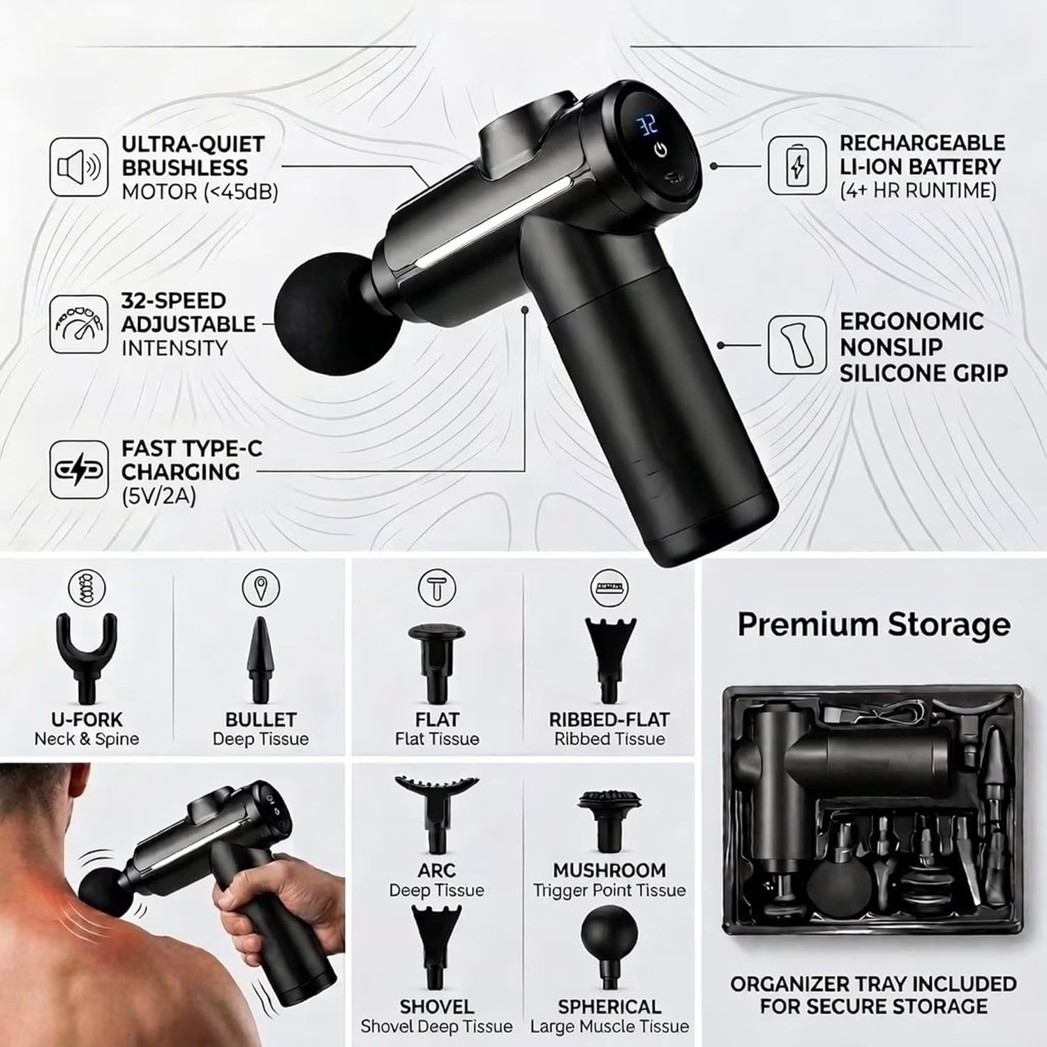 ULTRA-QUIET BRUSHLESS MOTOR (<45dB)  
32 G RECHARGEABLE LI-ION BATTERY (4+ HR RUNTIME)  
32-SPEED ADJUSTABLE INTENSITY  
ERGONOMIC NONSLIP SILICONE GRIP  
FAST TYPE-C CHARGING (5V/2A)  
Premium Storage  

U-FORK Neck & Spine  
BULLET Deep Tissue  
FLAT Flat Tissue  
RIBBED-FLAT Ribbed Tissue  
ARC Deep Tissue  
MUSHROOM Trigger Point Tissue  
SPHERICAL Large Muscle Tissue  

ORGANIZER TRAY INCLUDED FOR SECURE STORAGE