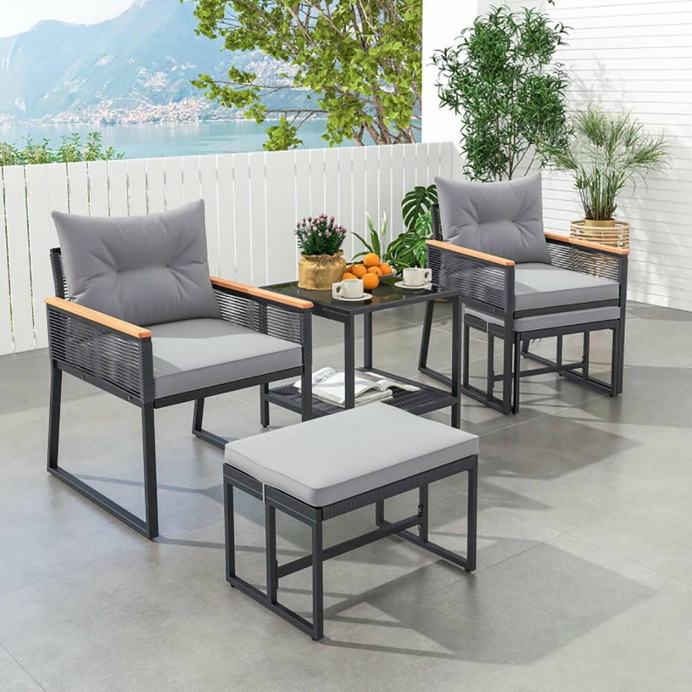 Alt View 4. Pefilos - 5 Pieces PE Rattan Conversation Set with 2-Layer Side Table and 2 Ottomans, Armchairs and Ottomans for Outdoor - Gray.