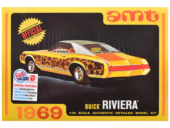 FROM REPRODUCED OFFICIAL FACTORY PRINTS
amt RETRO DELUXE
SPECIAL FEATURES
- 3 in 1 Building Options
- VINTAGE STYLE Packaging
- FULL-COLOR Decal Sheet
- PRE-DECORATED Tires
BUICK RIVIERA 1969
1/25 SCALE AUTHENTIC DETAILED MODEL KIT