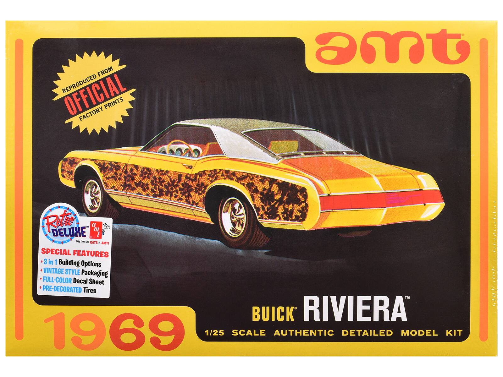 FROM REPRODUCED OFFICIAL FACTORY PRINTS

amt RETRO DELUXE

SPECIAL FEATURES
- 3 in 1 Building Options
- VINTAGE STYLE Packaging
- FULL-COLOR Decal Sheet
- PRE-DECORATED Tires

BUICK RIVIERA 1969
1/25 SCALE AUTHENTIC DETAILED MODEL KIT