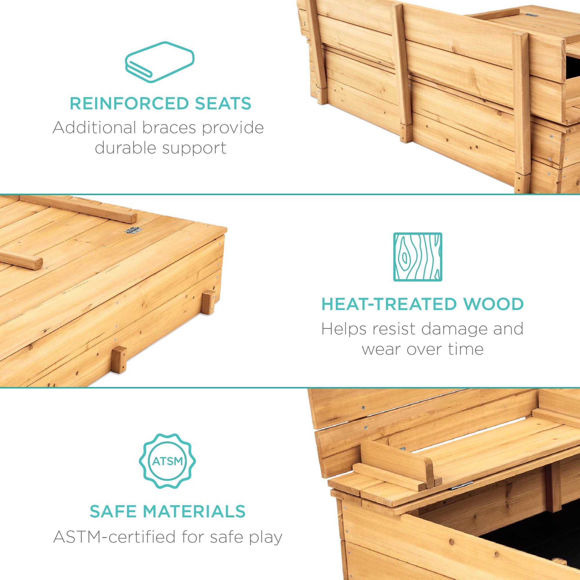REINFORCED SEATS: Additional braces provide durable support.  
HEAT-TREATED WOOD: Helps resist damage and wear over time.  
SAFE MATERIALS: ASTM-certified for safe play.