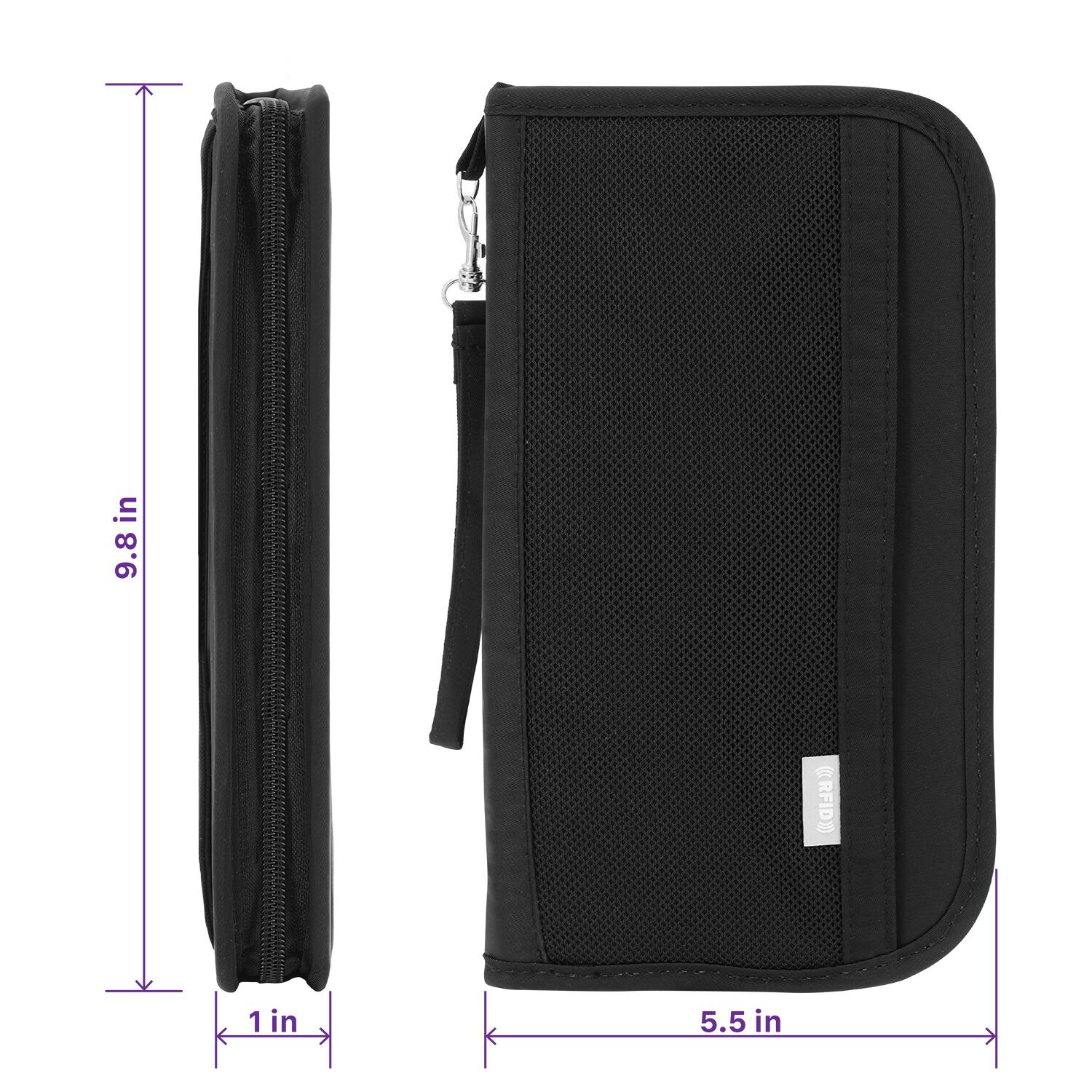 The corrected text from the image is:

- 9.8 in
- 1 in
- 5.5 in
- (RFID)