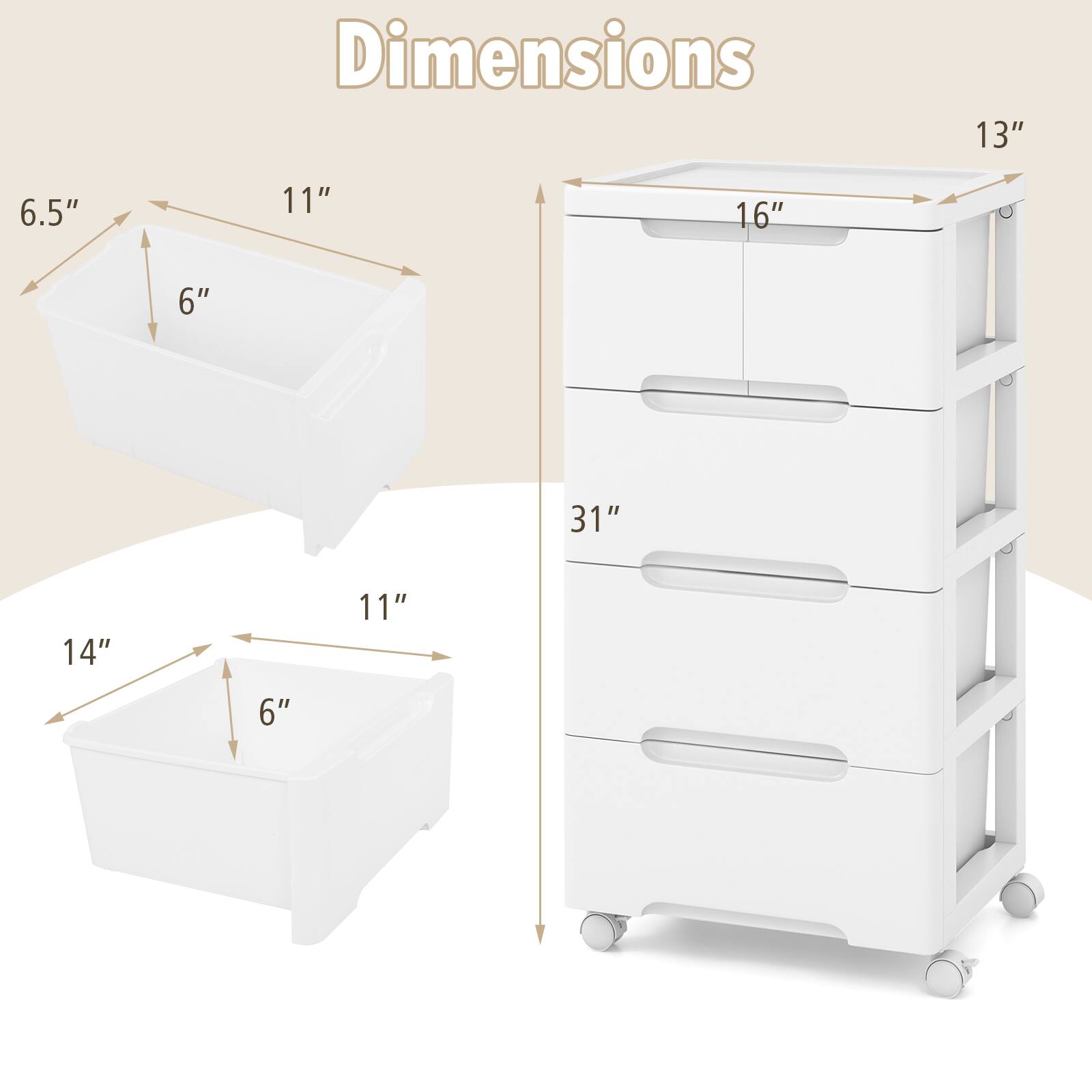 Dimensions: 13", 6.5", 11", 16", 6", 31", 14", 11", 6"