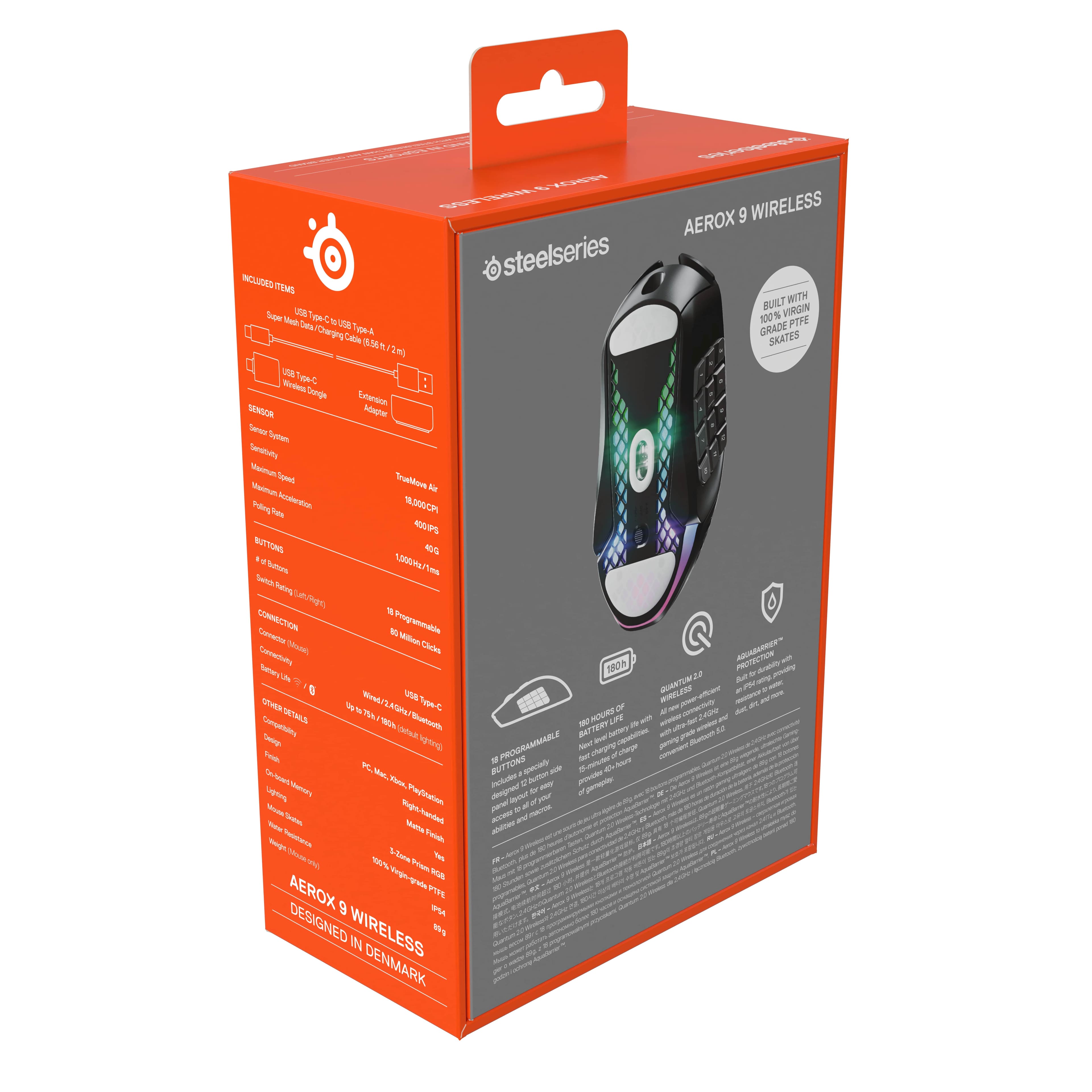 The box includes a wireless mouse and a wireless keyboard. The mouse is designed by Aerox and has a built-in wireless receiver. The keyboard is also wireless and has programmable buttons. The box is made in Denmark and is designed by steelseries.