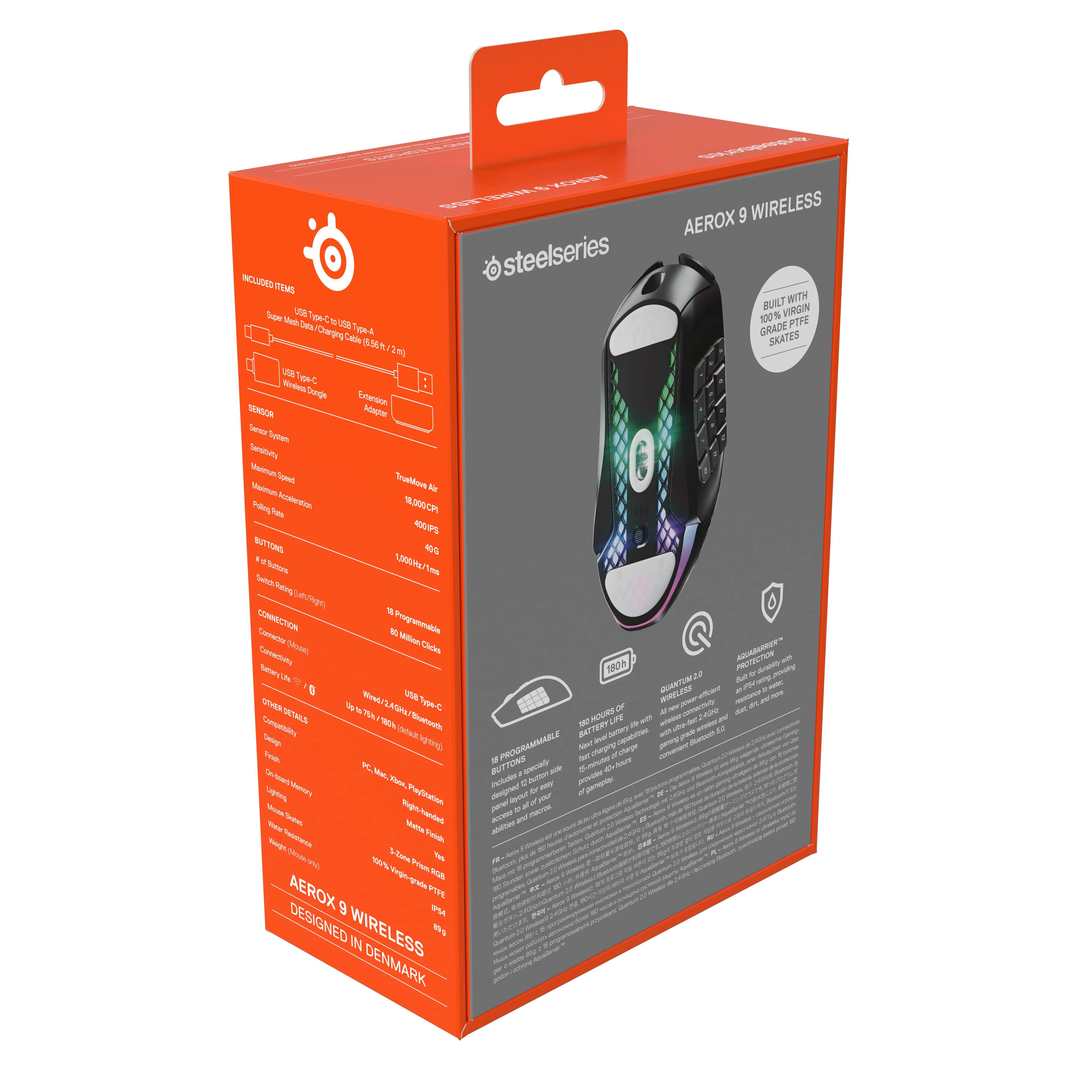 The box includes a wireless mouse and a wireless keyboard. The mouse is designed by Aerox and has a built-in wireless receiver. The keyboard is also wireless and has programmable buttons. The box is made in Denmark and is designed by steelseries.