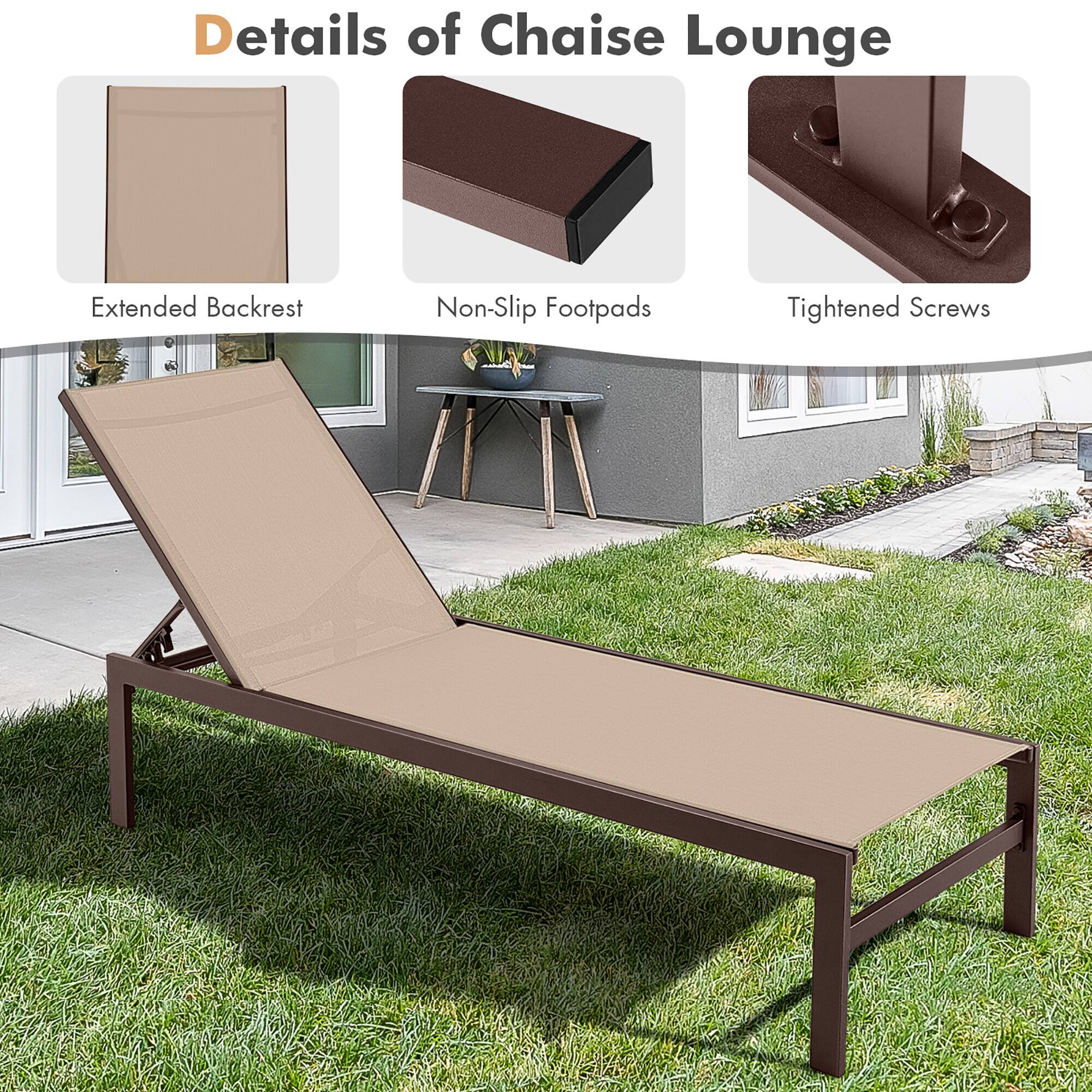 Details of Chaise Lounge
Extended Backrest
Non-Slip Footpads
Tightened Screws