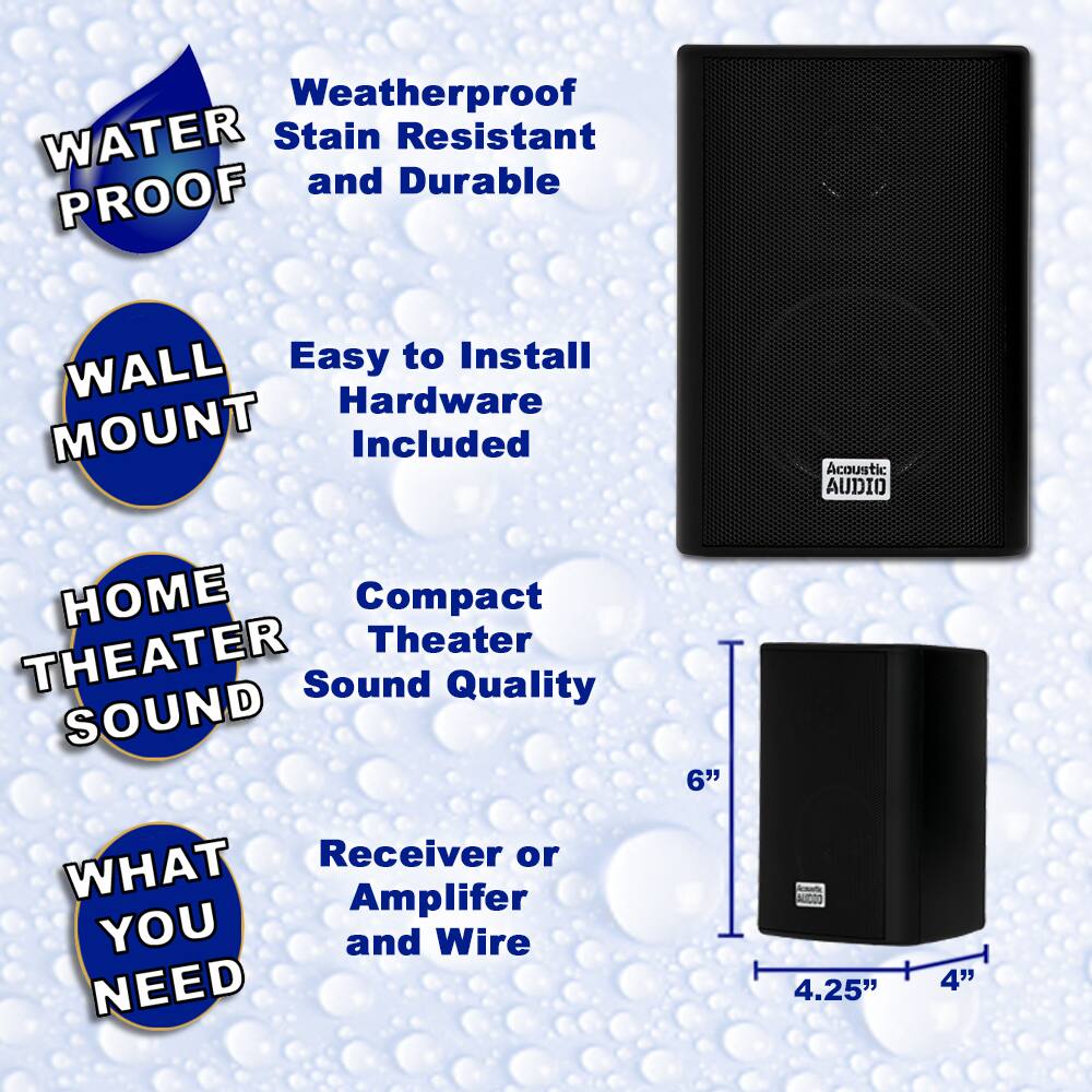 - **WATER PROOF**
  - Weatherproof
  - Stain Resistant
  - and Durable

- **WALL MOUNT**
  - Easy to Install
  - Hardware Included

- **HOME THEATER SOUND**
  - Compact Theater
  - Sound Quality

- **WHAT YOU NEED**
  - Receiver or Amplifier
  - and Wire

- Dimensions:
  - 6" (height)
  - 4.25" (width)
  - 4" (depth)
