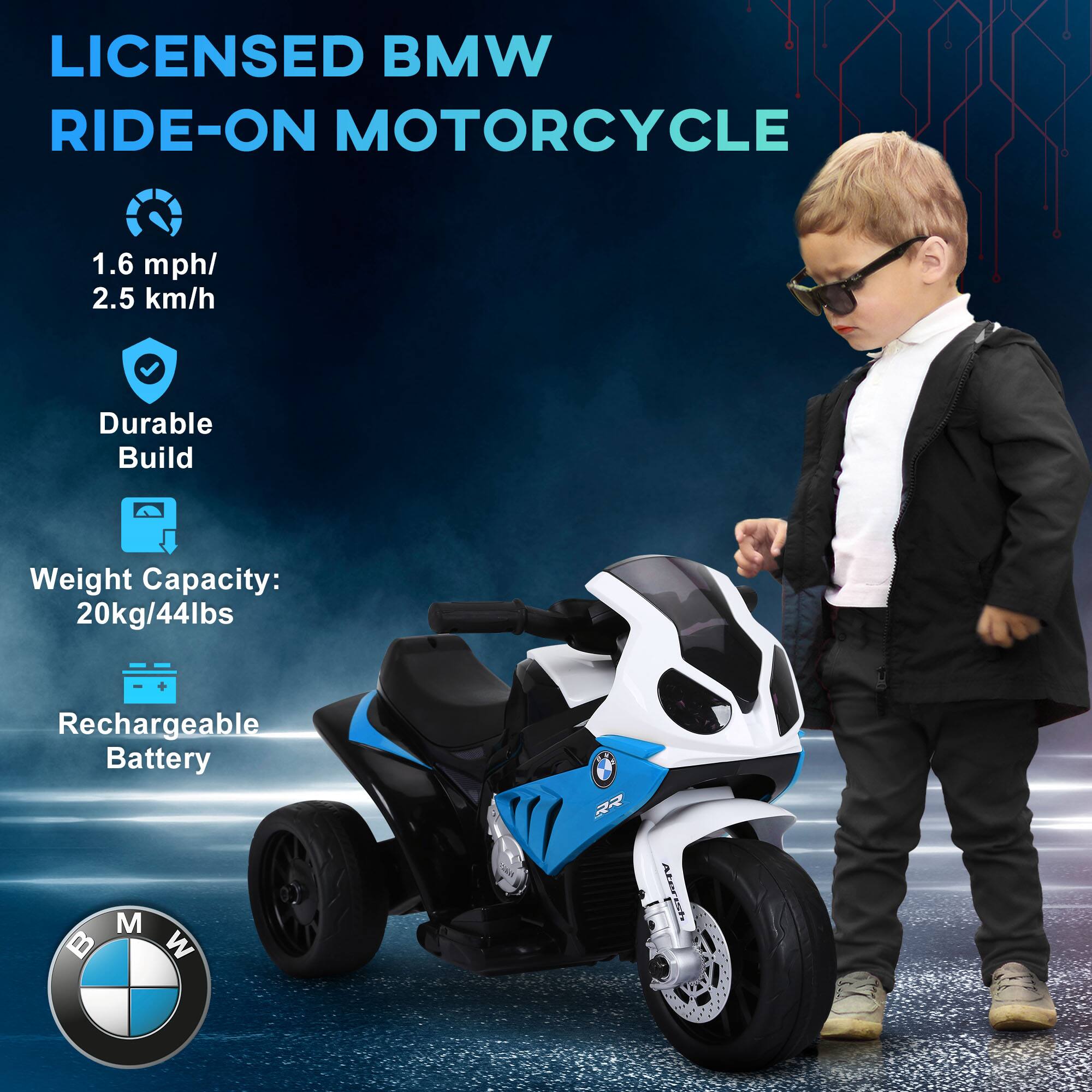 LICENSED BMW RIDE-ON MOTORCYCLE

- 1.6 mph/ 2.5 km/h
- Durable Build
- Weight Capacity: 20kg/44lbs
- Rechargeable Battery

BMW M W