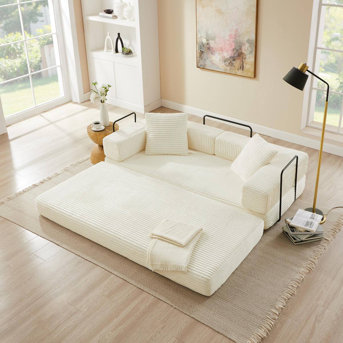 Alt View 2. Meqiodas - 81''Convertible Sofa Bed, Folding Floor Couch with Square Armrest, Comfy Sleeper Mattress for Living Room - Beige.