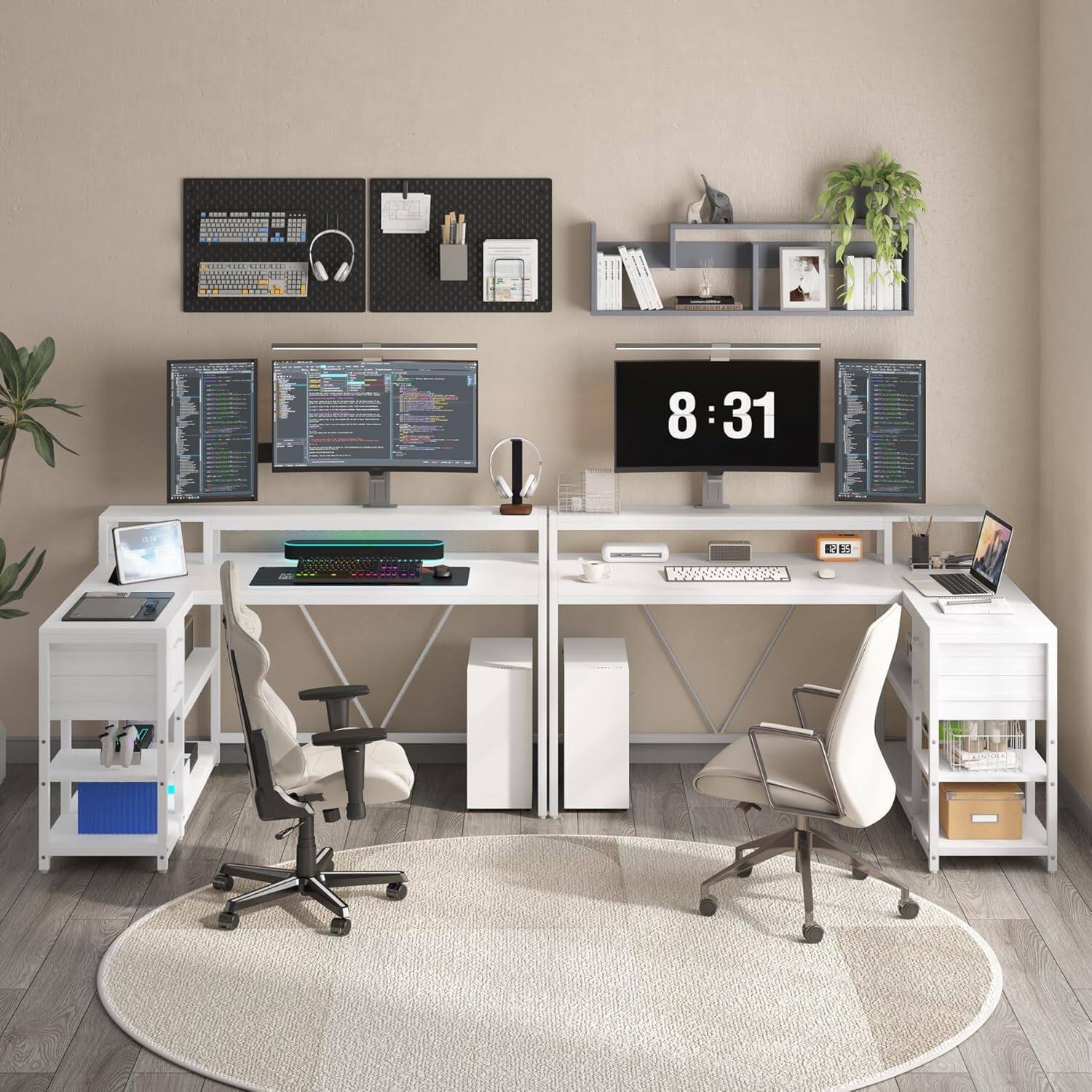 Back. Tribesigns - L Shaped Desk with Drawers and Storage Shelves, Home Office L Corner Desk with Monitor Stand, 55" x 24" Desktop Computer - White.