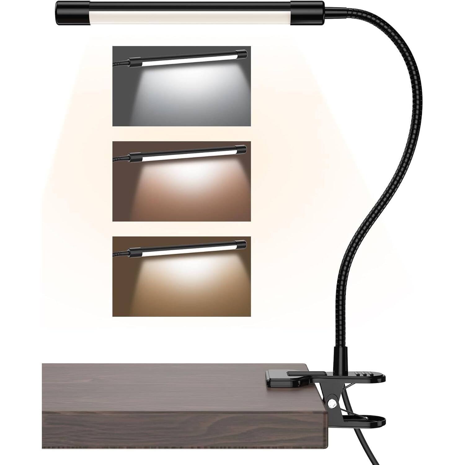 PARKER SLATER - LED Clamp Desk Lamp – 3 Color, 10 Brightness, USB Gooseneck Clip-On Light – - Black