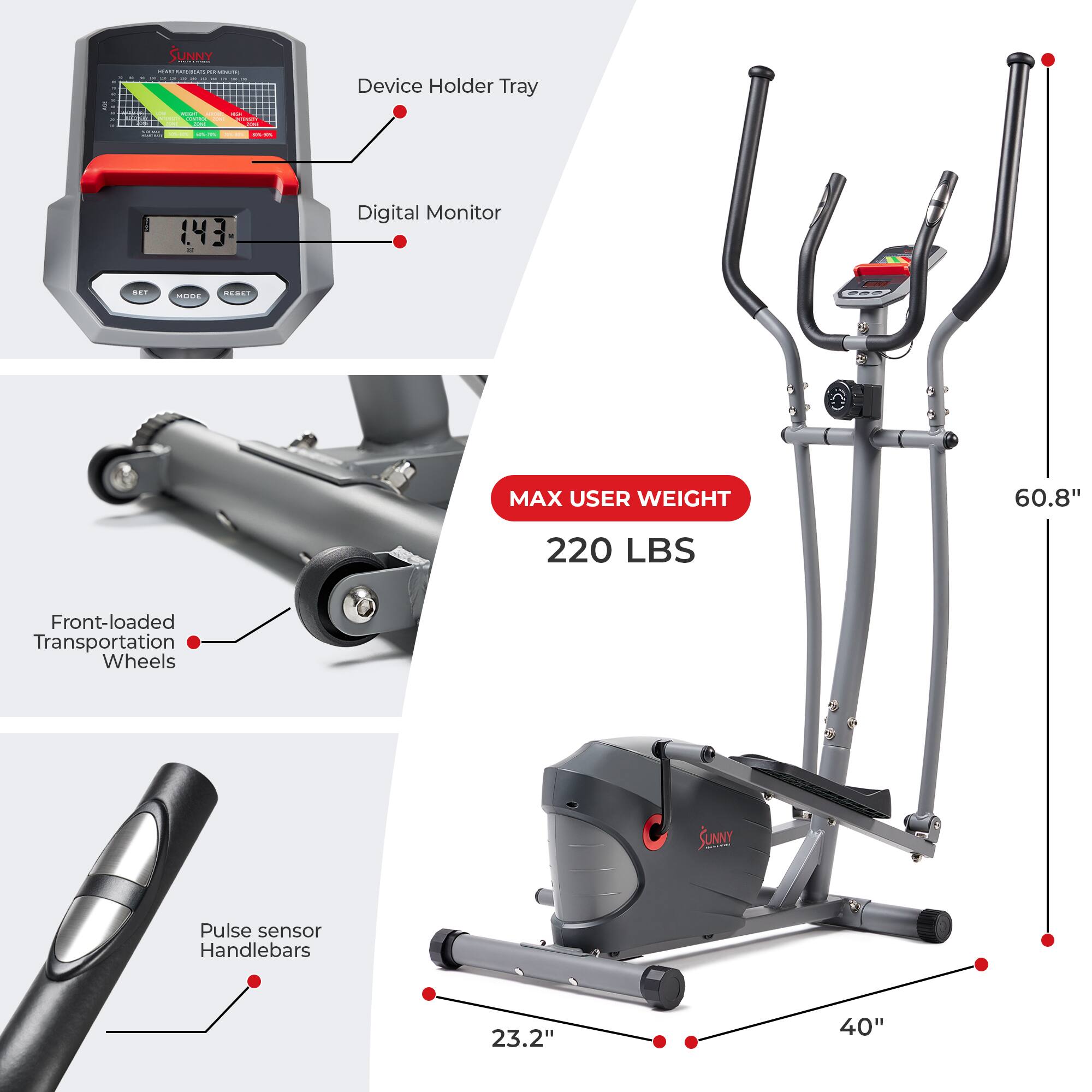 1 SUNNY : | - : Device Holder Tray  143 Digital Monitor HL. H A.OO. MAX USER WEIGHT 60.8" 220 LBS Front-loaded Transportation Wheels SUNNY Pulse sensor Handlebars 23.2" 40"