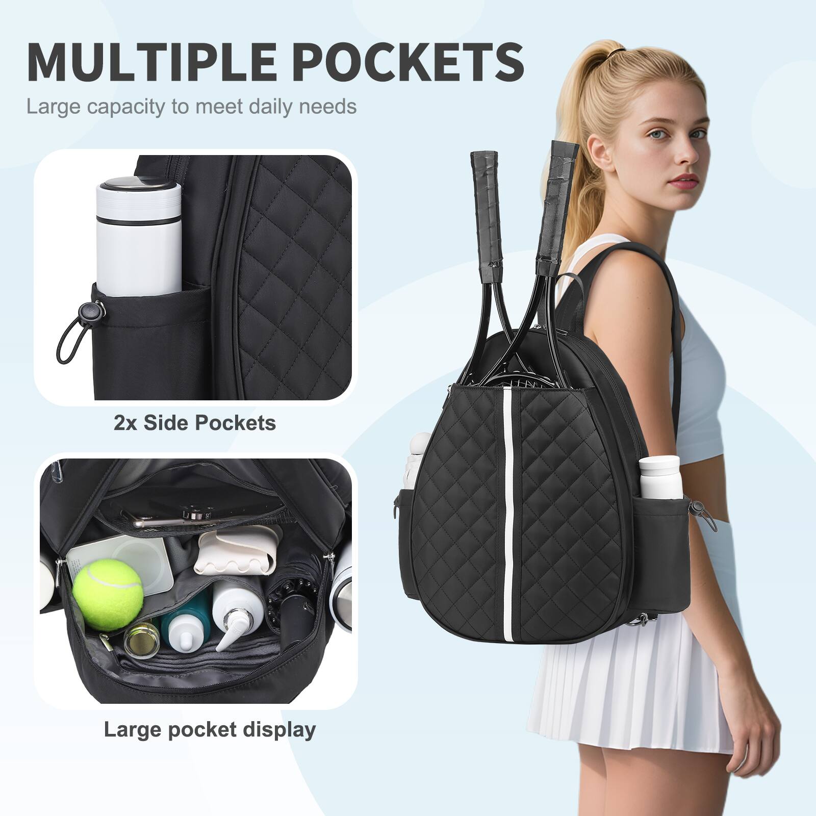 MULTIPLE POCKETS  
Large capacity to meet daily needs  

2x Side Pockets  

Large pocket display