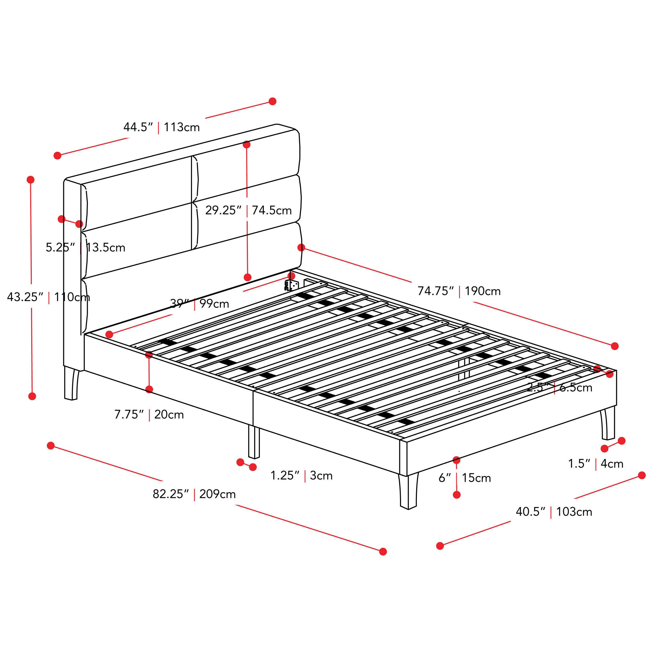 44.5" 113cm, 29.25" 74.5cm, 5.25" 13.5cm, 43.25" 110cm, 39" 99cm, 74.75" 190cm, 6.5cm, 7.75" 20cm, 82.25" 209cm, 1.25" 3cm, 6" 15cm, 1.5" 4cm, 40.5" 103cm