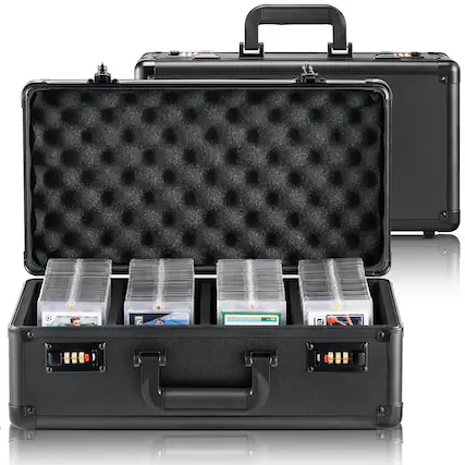 Front. VEVOR - Graded Card Storage Box, 4 Slots, Graded Sports Cards Holder Carrying Case with Coded Lock Foam Dividers - Black.